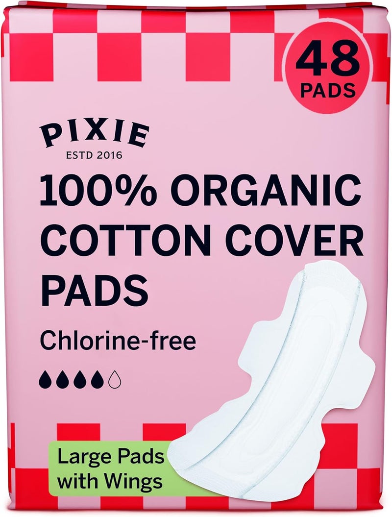 Pixie Cup Pixie Organic Cotton Ultra Thin Large Pads for Women – Extra Heavy Absorbency with Wings – Leak-Proof, Hypoallergenic & Unscented for Feminine Care – Compostable, Biodegradable – 48 Count - Image 1
